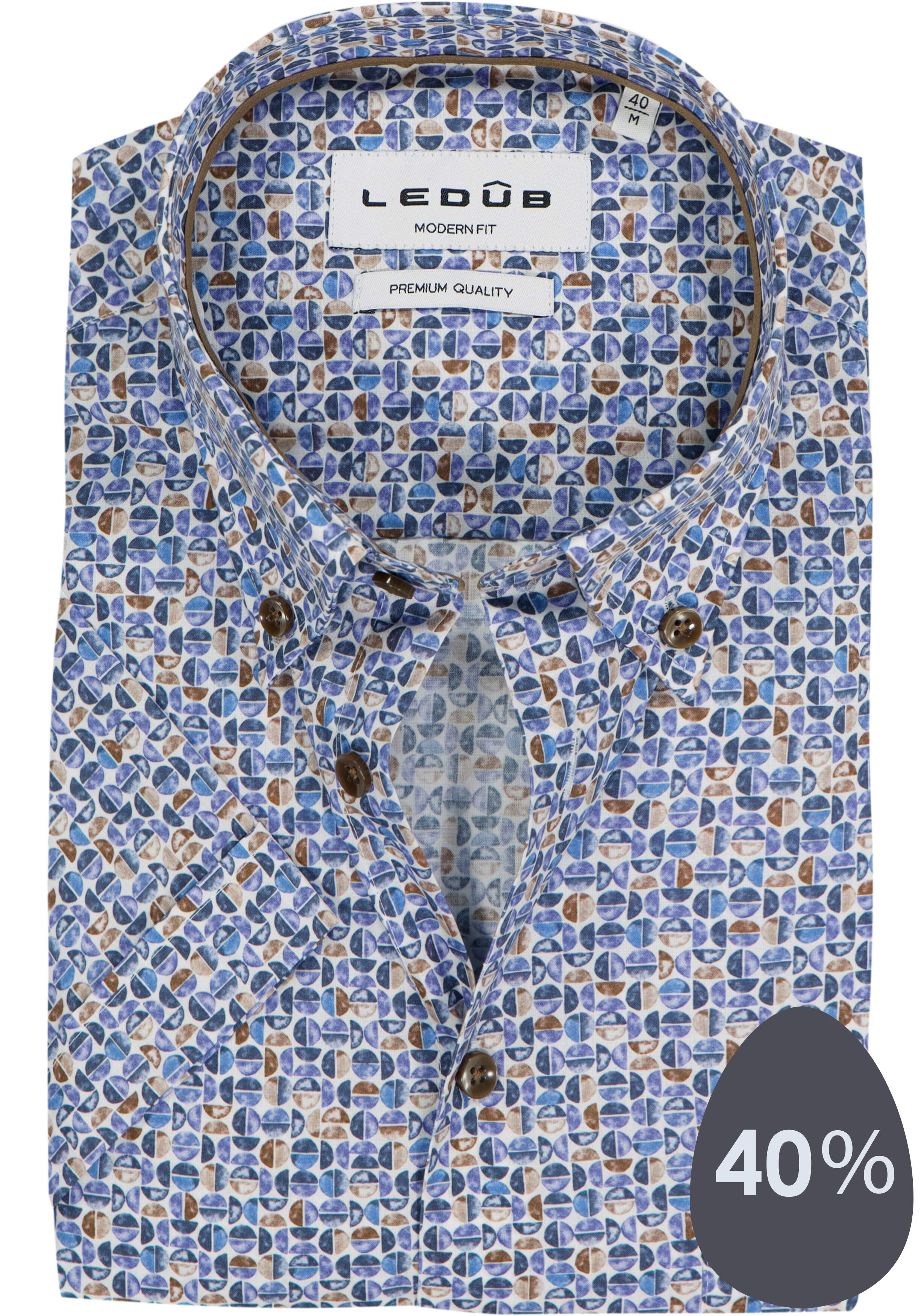 Ledub modern fit overhemd, korte mouw, popeline, blauw met wit en bruin dessin